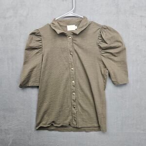 Nation LTD Olive Puff Sleeve Button Front Blouse Collared Cotton Top Women Small